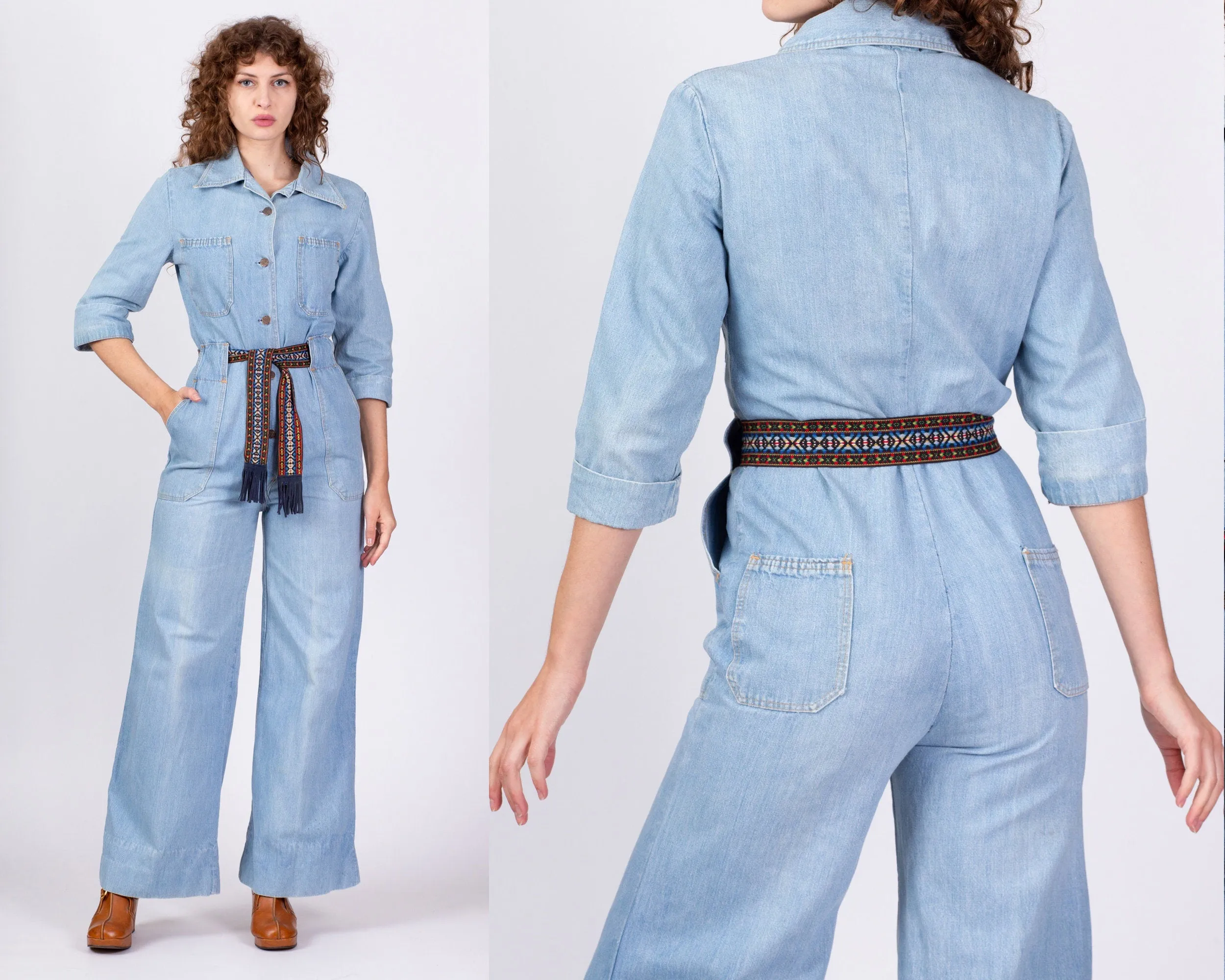 70s Denim Button Up Belted Jumpsuit - Medium