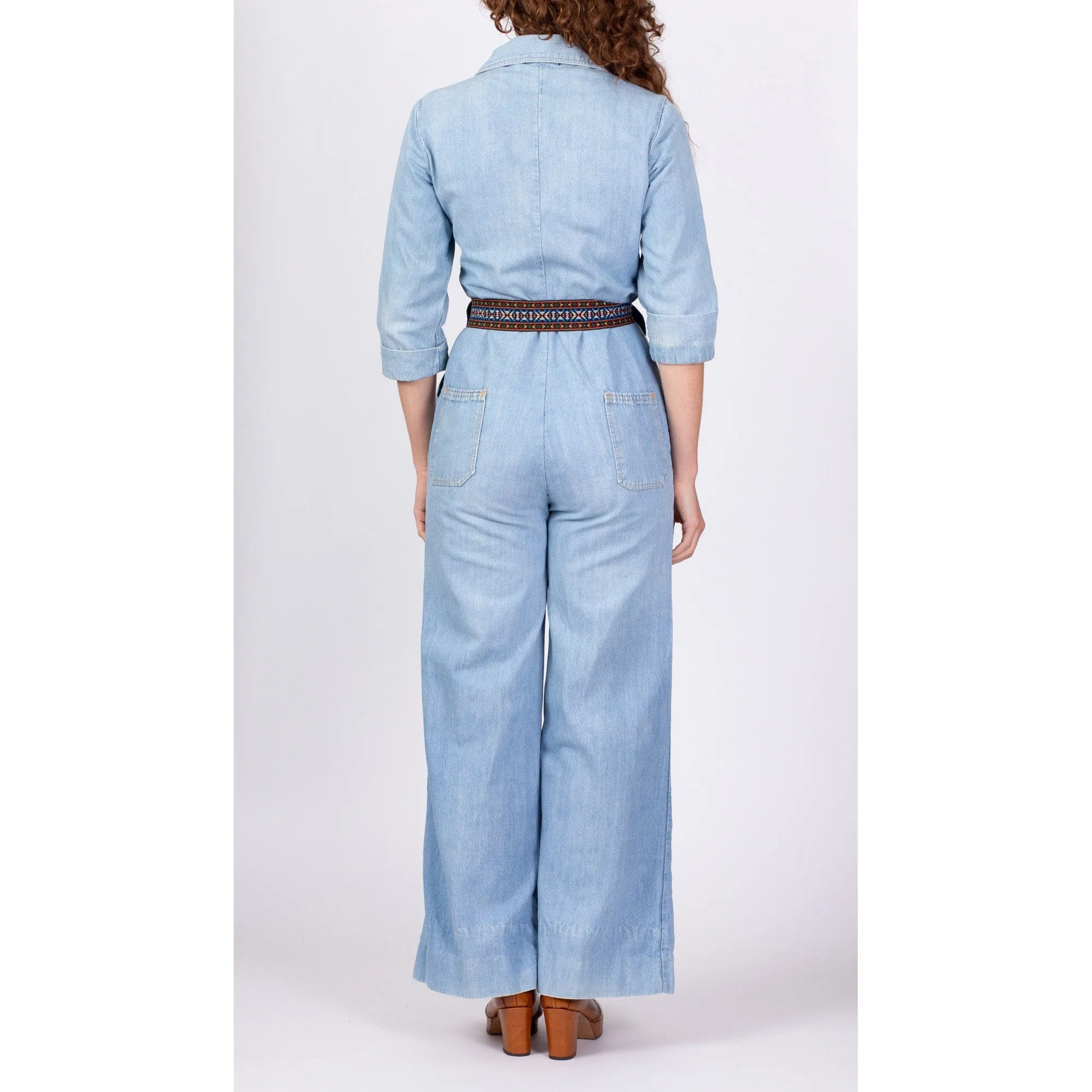 70s Denim Button Up Belted Jumpsuit - Medium