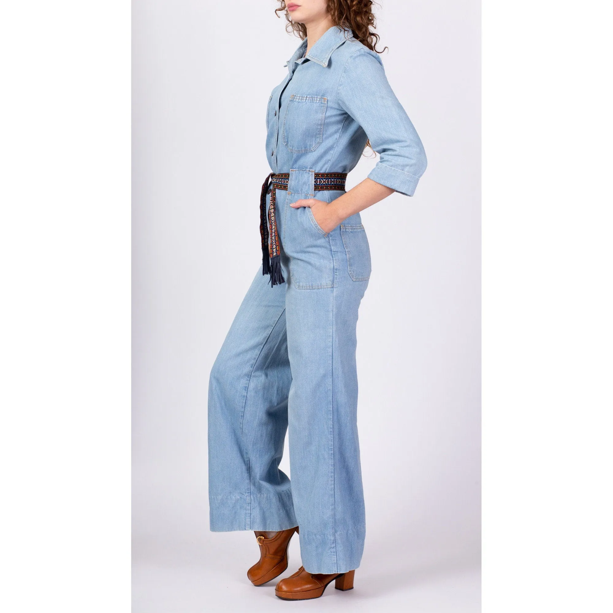 70s Denim Button Up Belted Jumpsuit - Medium