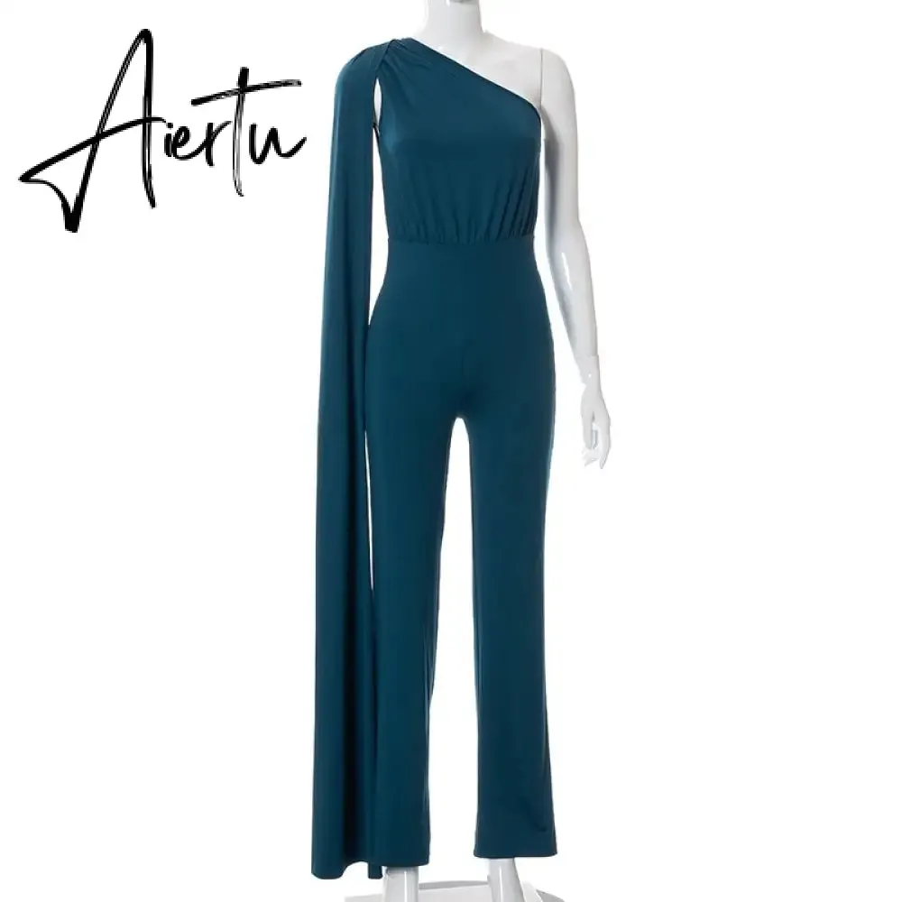 Aiertu Long Sleeve Single Shoulder With Long Tail Sexy Jumpsuit  Fall Winter Women Solid Party Elegant Streetwear Outfit