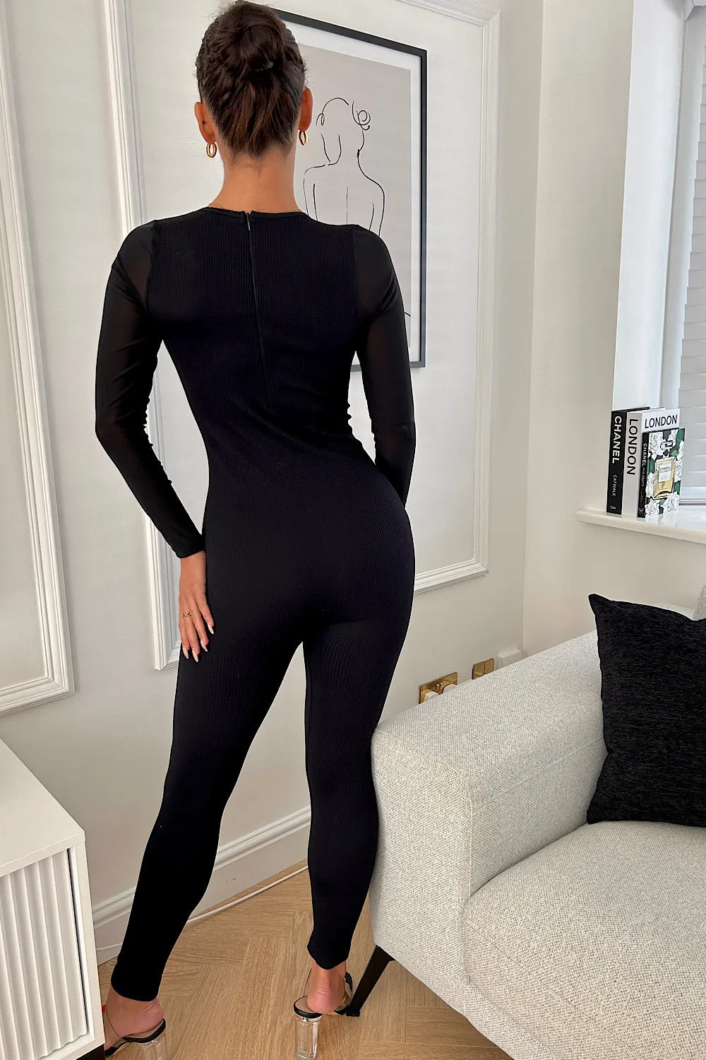 Alex Black Ribbed Long Sleeve Mesh Jumpsuit