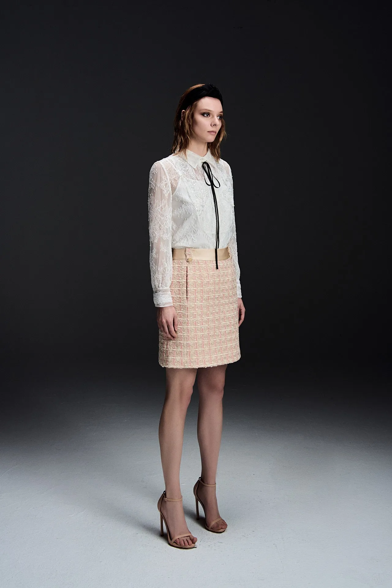 Beige Pink Tweed A-line Skirt