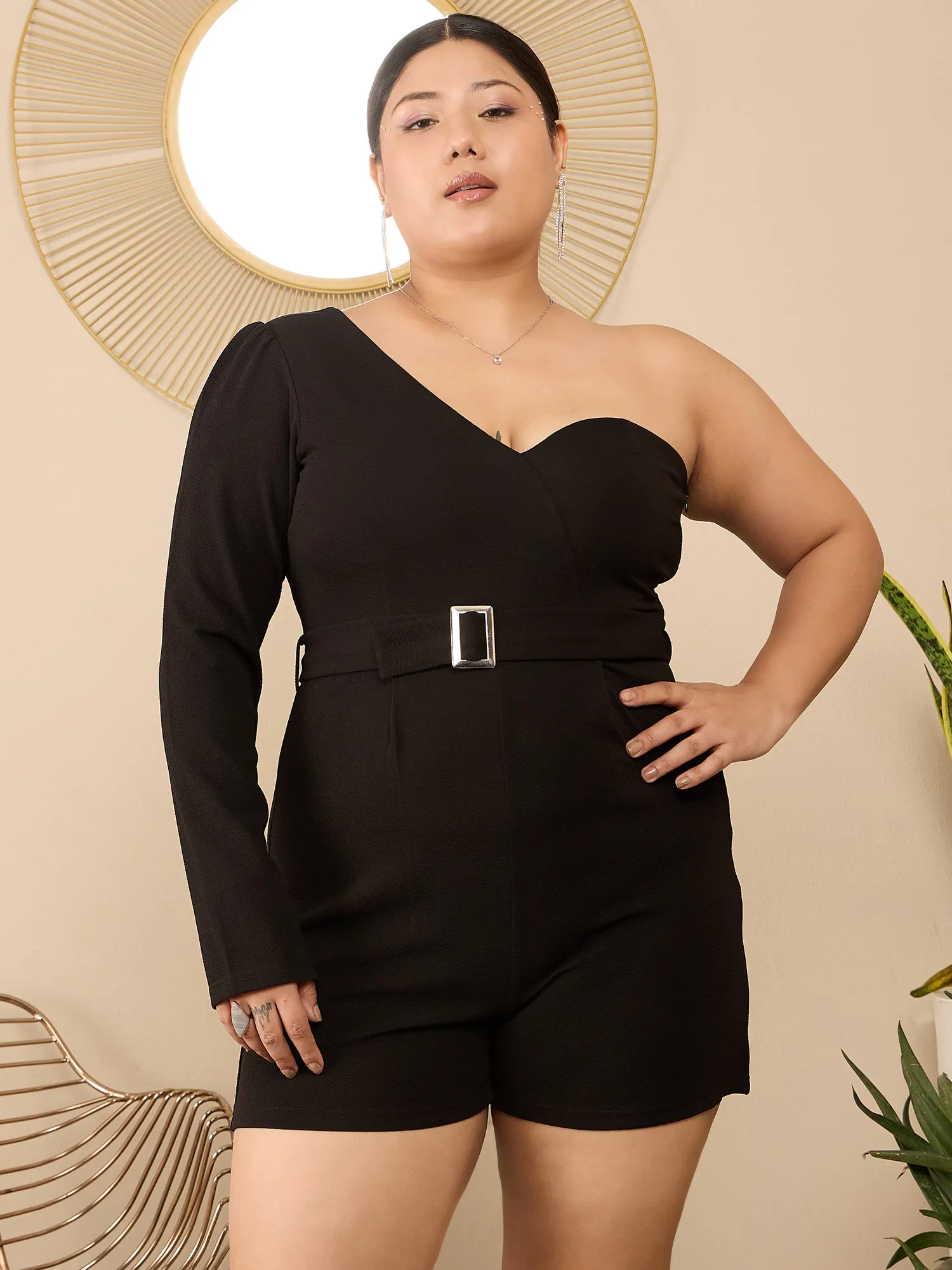 Berrylush Curve Black Solid One Shoulder Long Sleeve Belted Mini Jumpsuit