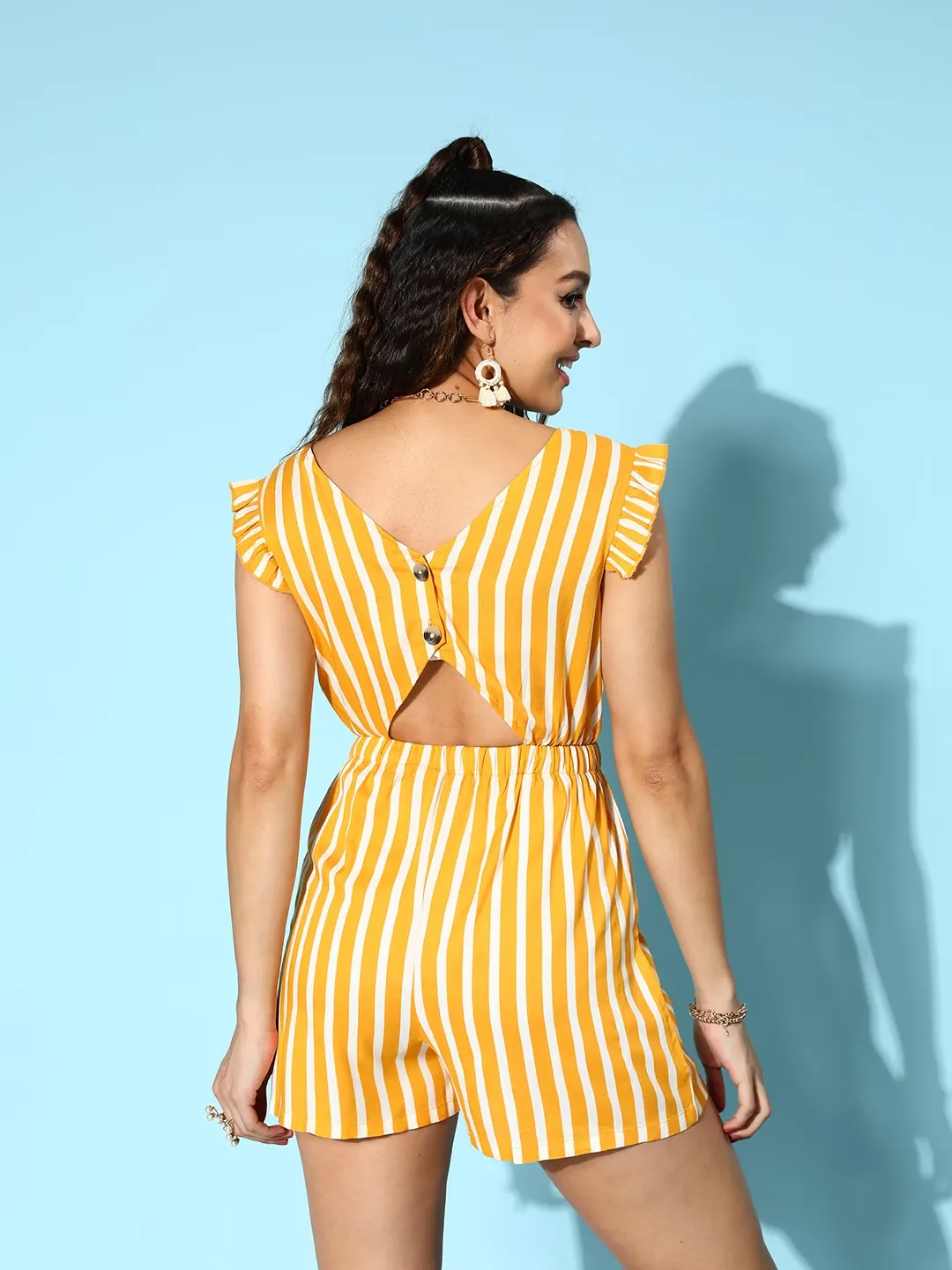 Berrylush Women White & Yellow Striped Pattern V-Neck Sleeveless Waist Tie-Up Ruffled Mini Jumpsuit