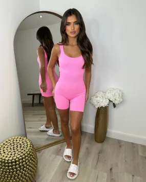 Beth Bum Ruched Playsuit Unitard - Neon Pink