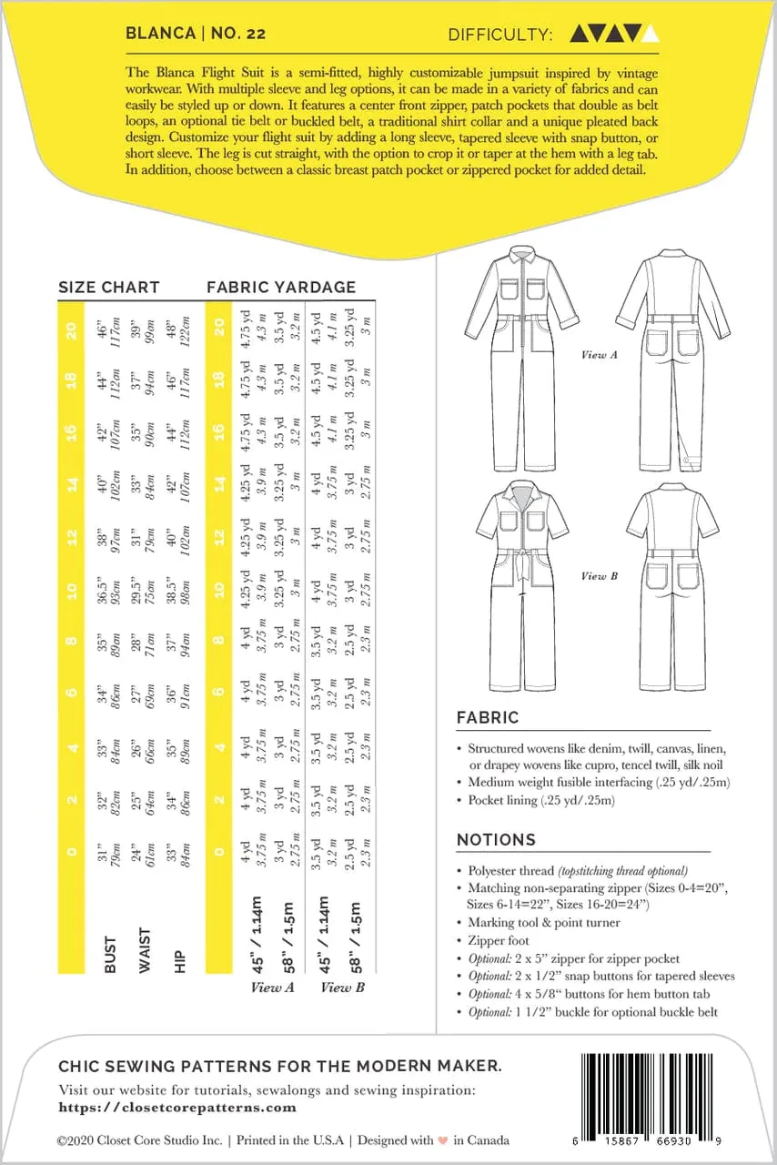 Bianca Flight Suit - Closet Core Patterns - Sizes 0-20