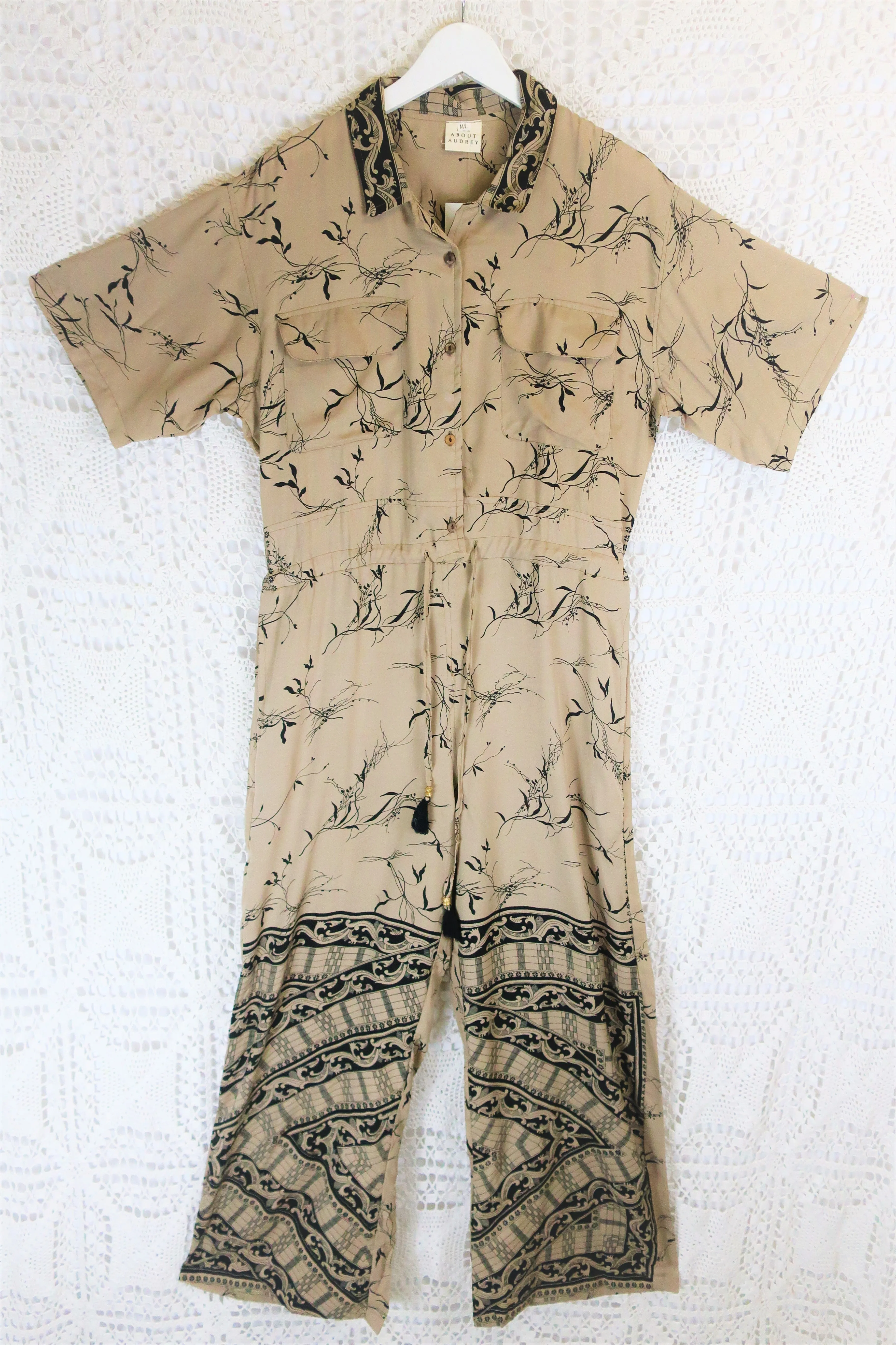 Billie Jumpsuit - Vintage Indian Sari - Beige & Black Wildflower - M/L