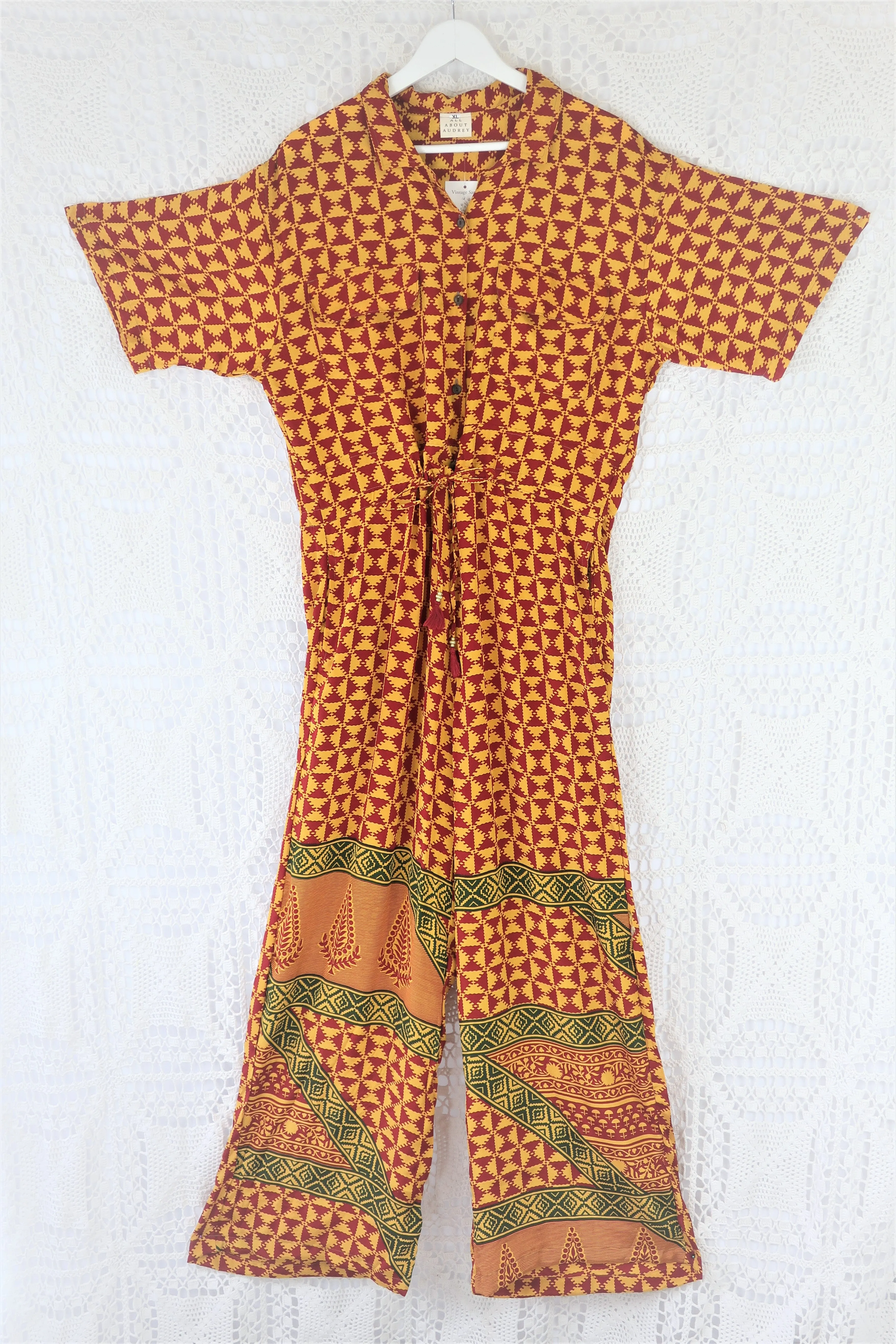 Billie Jumpsuit - Vintage Indian Sari - Canary & Crimson Checkered Tile - XL