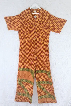 Billie Jumpsuit - Vintage Indian Sari - Canary & Crimson Checkered Tile - XL