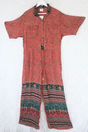 Billie Jumpsuit - Vintage Indian Sari - Deep Coral Pink & Teal Swirl - M/L