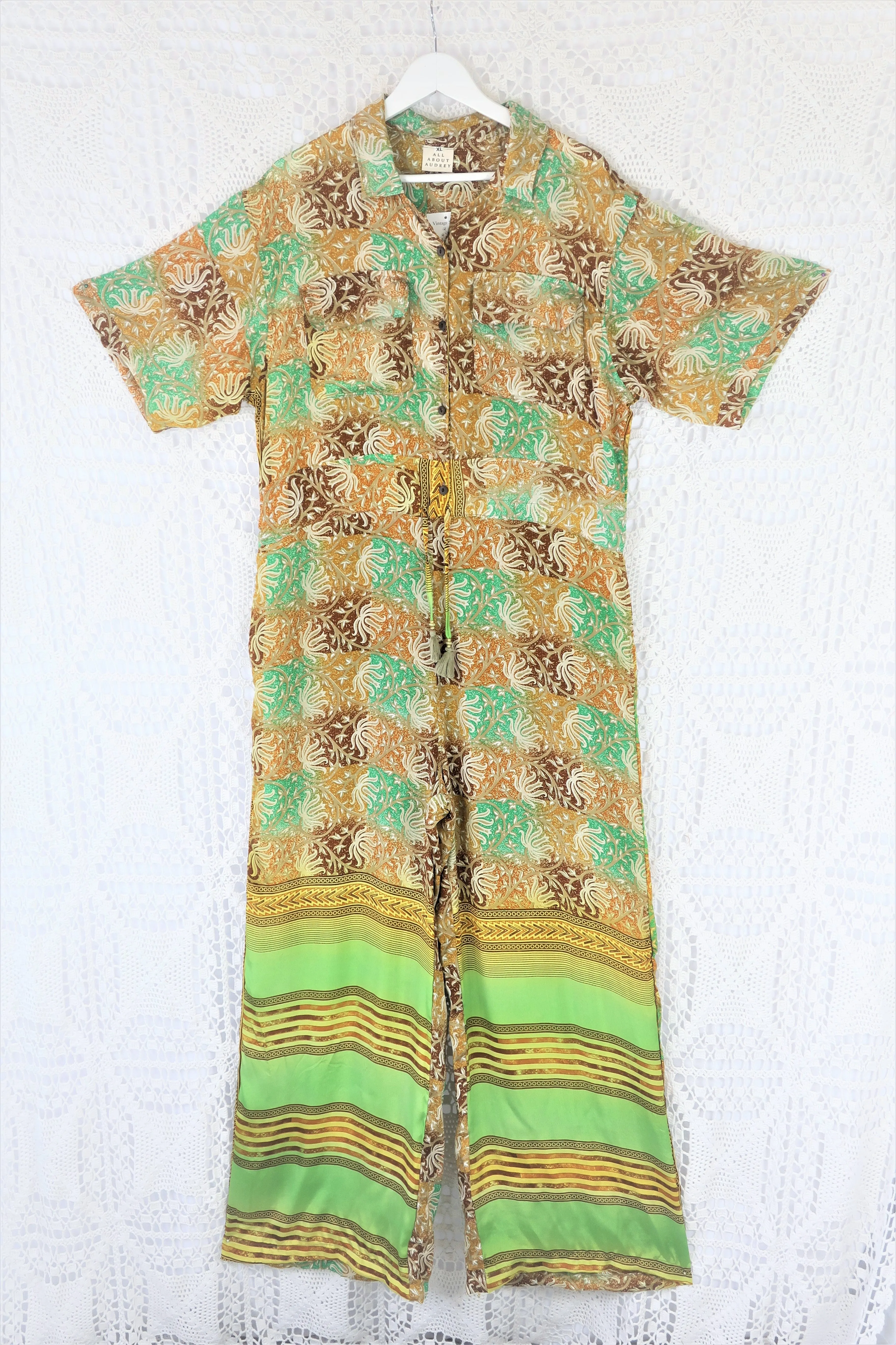 Billie Jumpsuit - Vintage Indian Sari - Earth Toned & Lime Checkered Print - XL