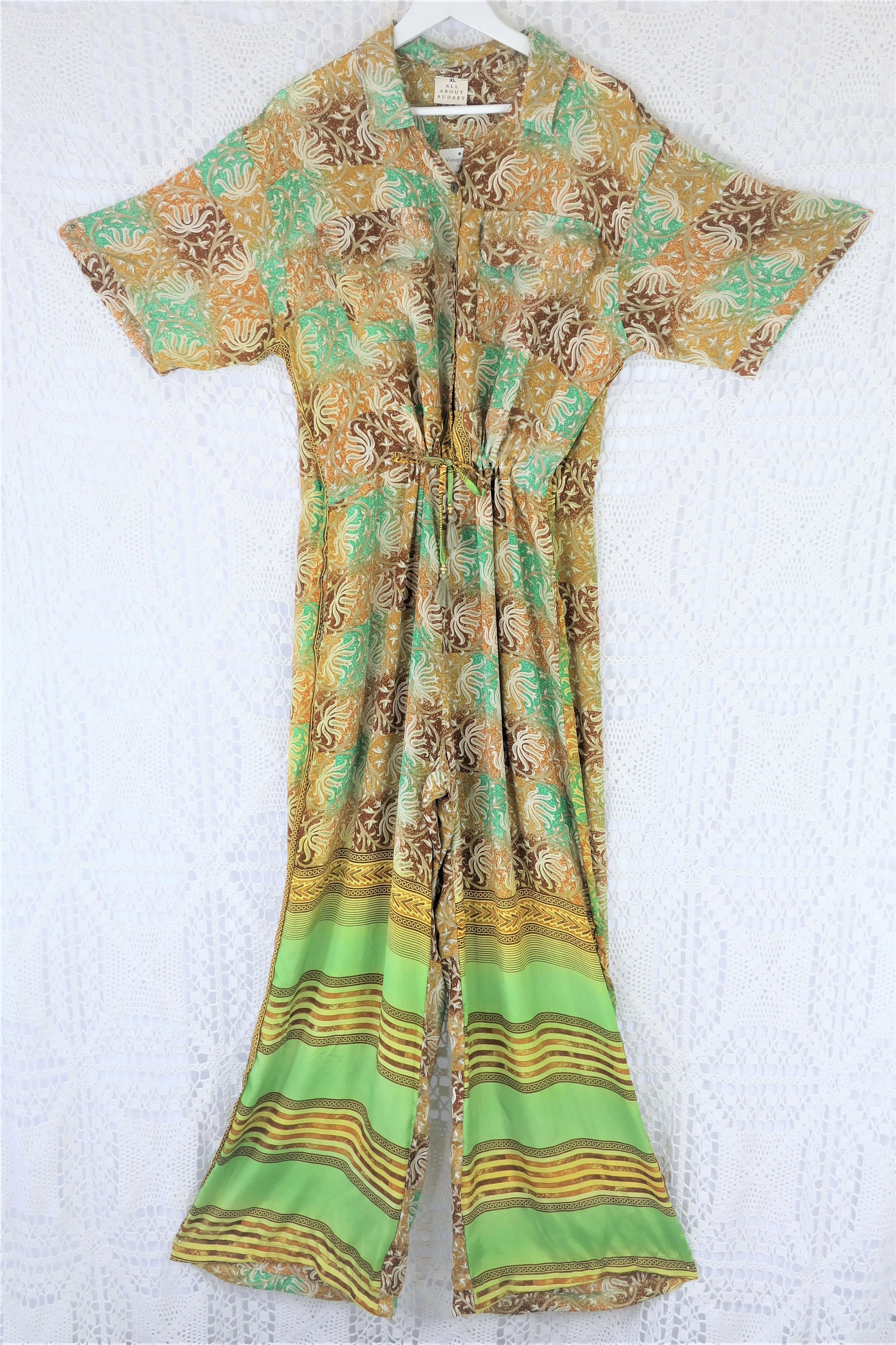 Billie Jumpsuit - Vintage Indian Sari - Earth Toned & Lime Checkered Print - XL