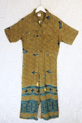 Billie Jumpsuit - Vintage Indian Sari - Mustard & Slate Paisley - S/M