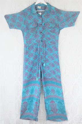 Billie Jumpsuit - Vintage Indian Sari - Sky Blue & Mauve Block Graphic Print - S/M