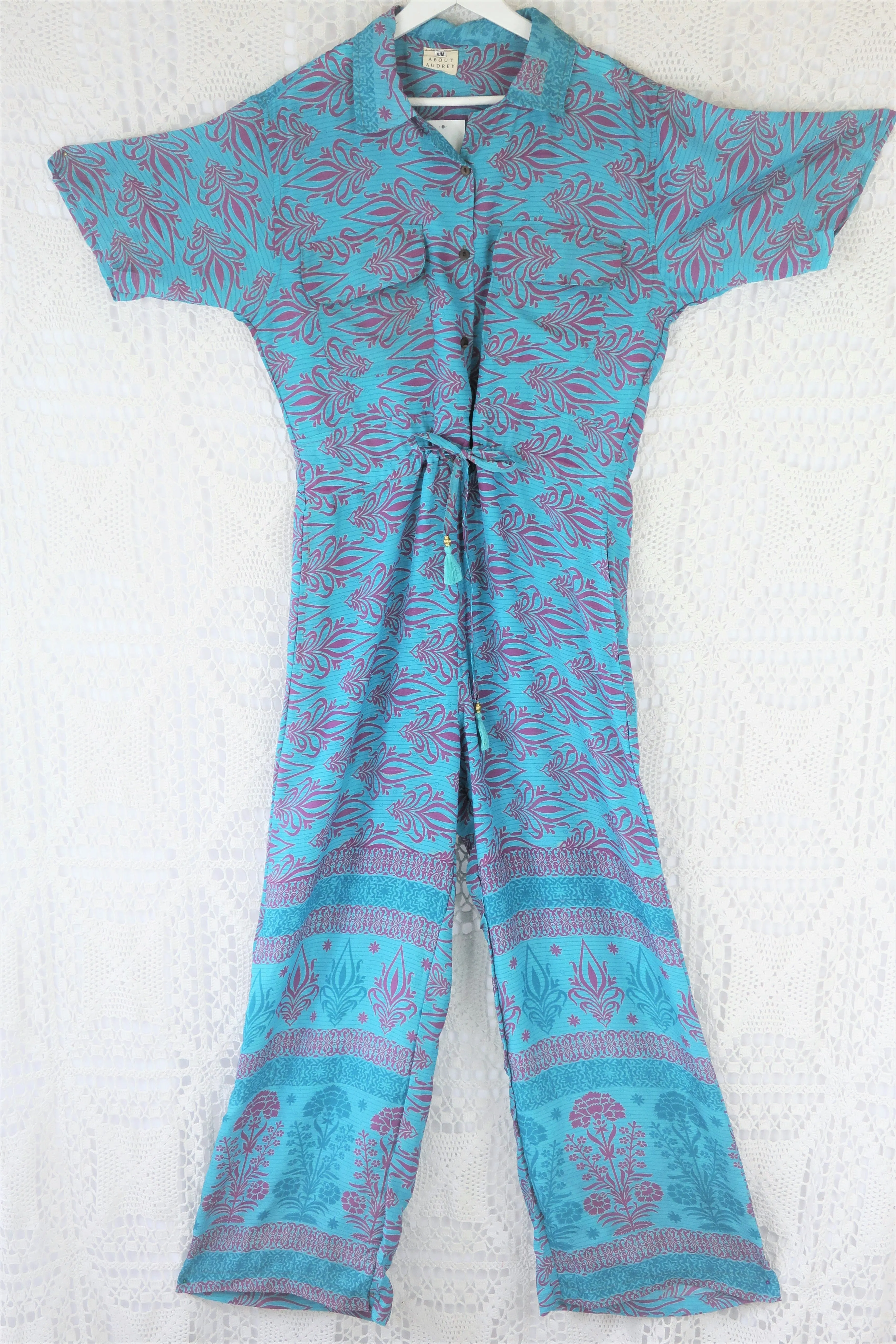 Billie Jumpsuit - Vintage Indian Sari - Sky Blue & Mauve Block Graphic Print - S/M