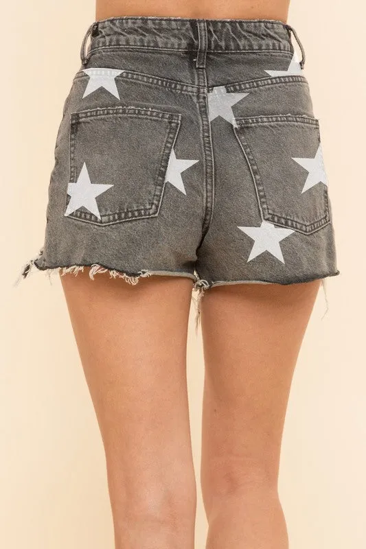 Black Denim Distressed Star Denim Shorts