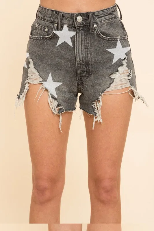 Black Denim Distressed Star Denim Shorts