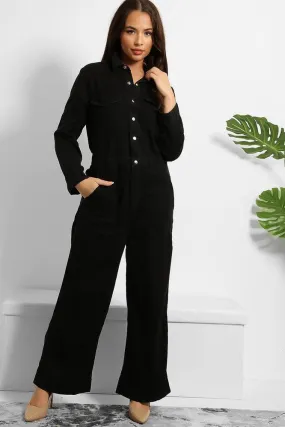 Black Denim Silver Hardware Wide Leg Boiler Jumpsuit