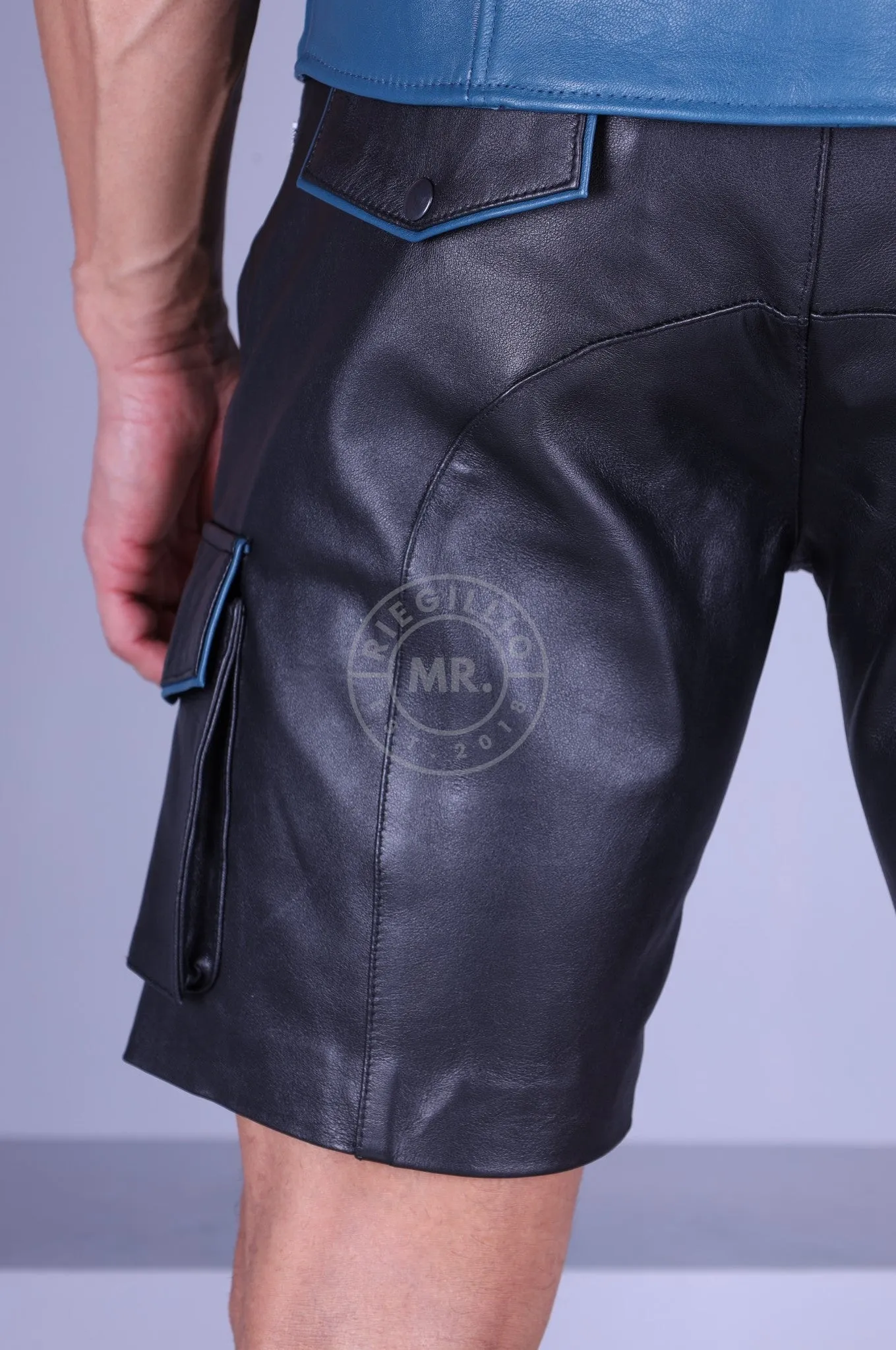 Black Leather Cargo Short - Jeans Blue Piping