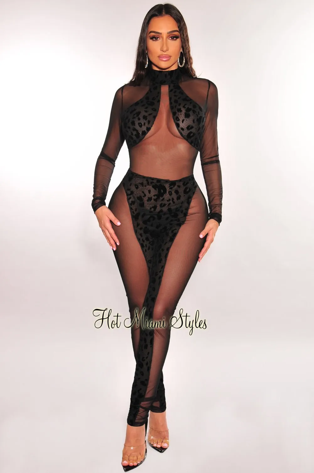 Black Leopard Sheer Mesh Long Sleeve Jumpsuit