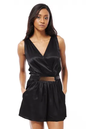 Black Silk Look Playsuit With Gold Buckle