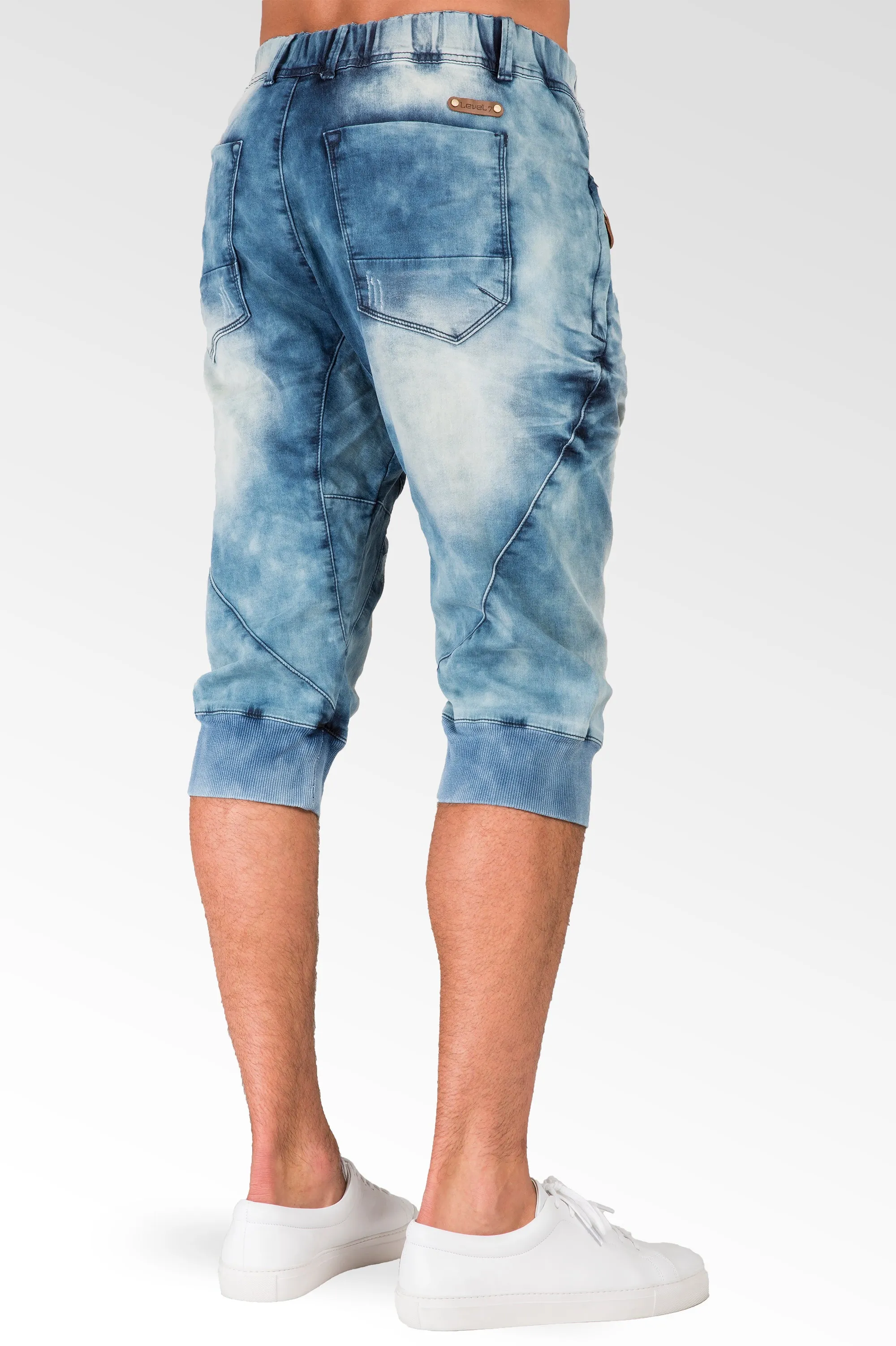 Bleached Cloud Blue Premium Knit Denim Zip Pocket 18" Jogger Capri Rib Bottom