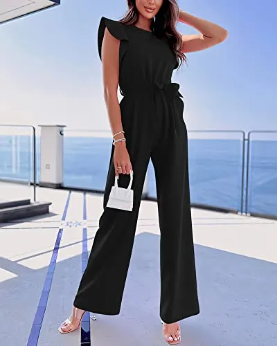 BTFBM Women Jumpsuits Crew Neck Ruffle Cap Sleeve Belted High Waist Wide Leg Romper with Pockets One Piece Casual Outfits(Solid Black, X-Large)