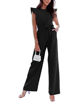 BTFBM Women Jumpsuits Crew Neck Ruffle Cap Sleeve Belted High Waist Wide Leg Romper with Pockets One Piece Casual Outfits(Solid Black, X-Large)