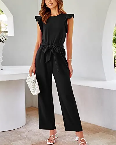 BTFBM Women Jumpsuits Crew Neck Ruffle Cap Sleeve Belted High Waist Wide Leg Romper with Pockets One Piece Casual Outfits(Solid Black, X-Large)