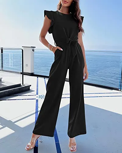 BTFBM Women Jumpsuits Crew Neck Ruffle Cap Sleeve Belted High Waist Wide Leg Romper with Pockets One Piece Casual Outfits(Solid Black, X-Large)