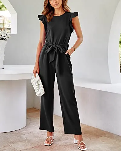 BTFBM Women Jumpsuits Crew Neck Ruffle Cap Sleeve Belted High Waist Wide Leg Romper with Pockets One Piece Casual Outfits(Solid Black, X-Large)