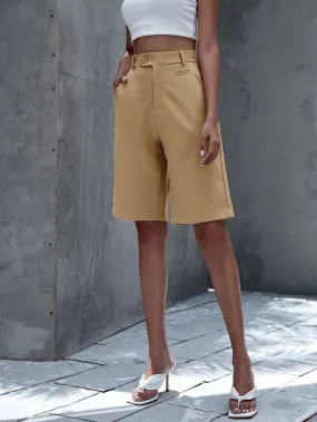 Button Waist Solid Bermuda Shorts