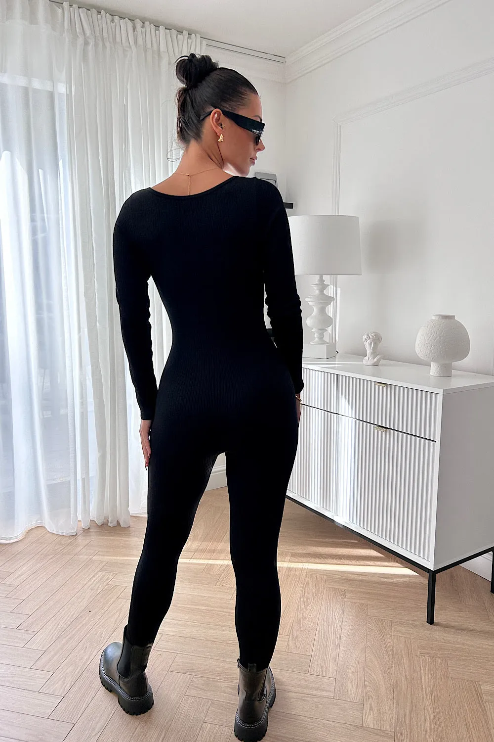 Capri Black Ribbed Long Sleeve Contoured Jumpsuit