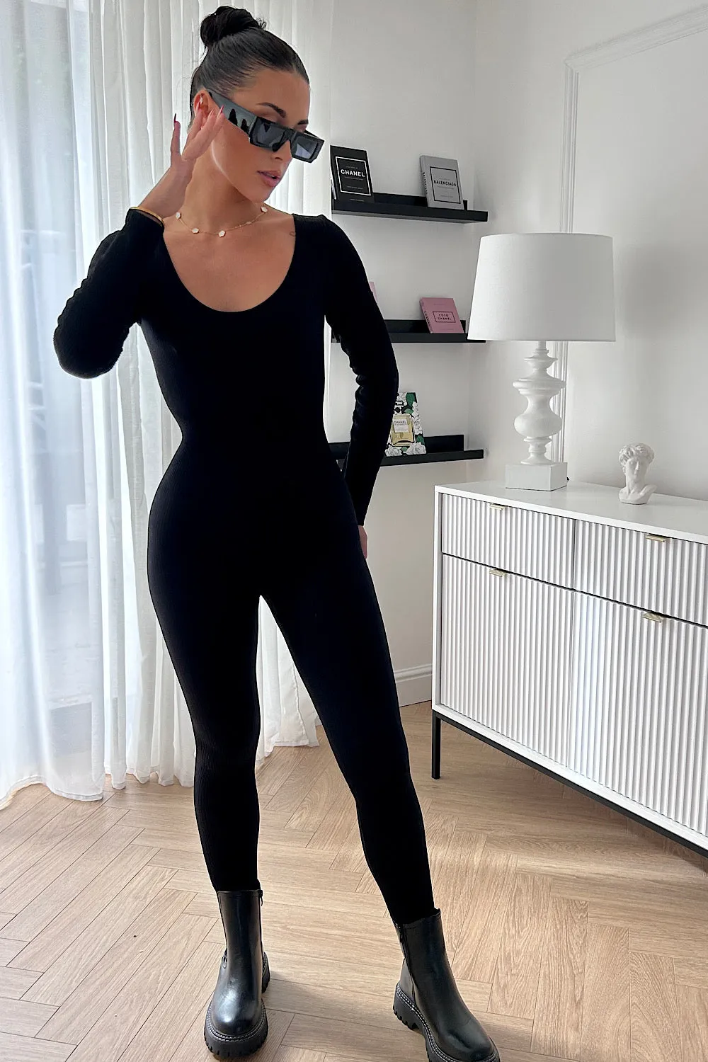 Capri Black Ribbed Long Sleeve Contoured Jumpsuit