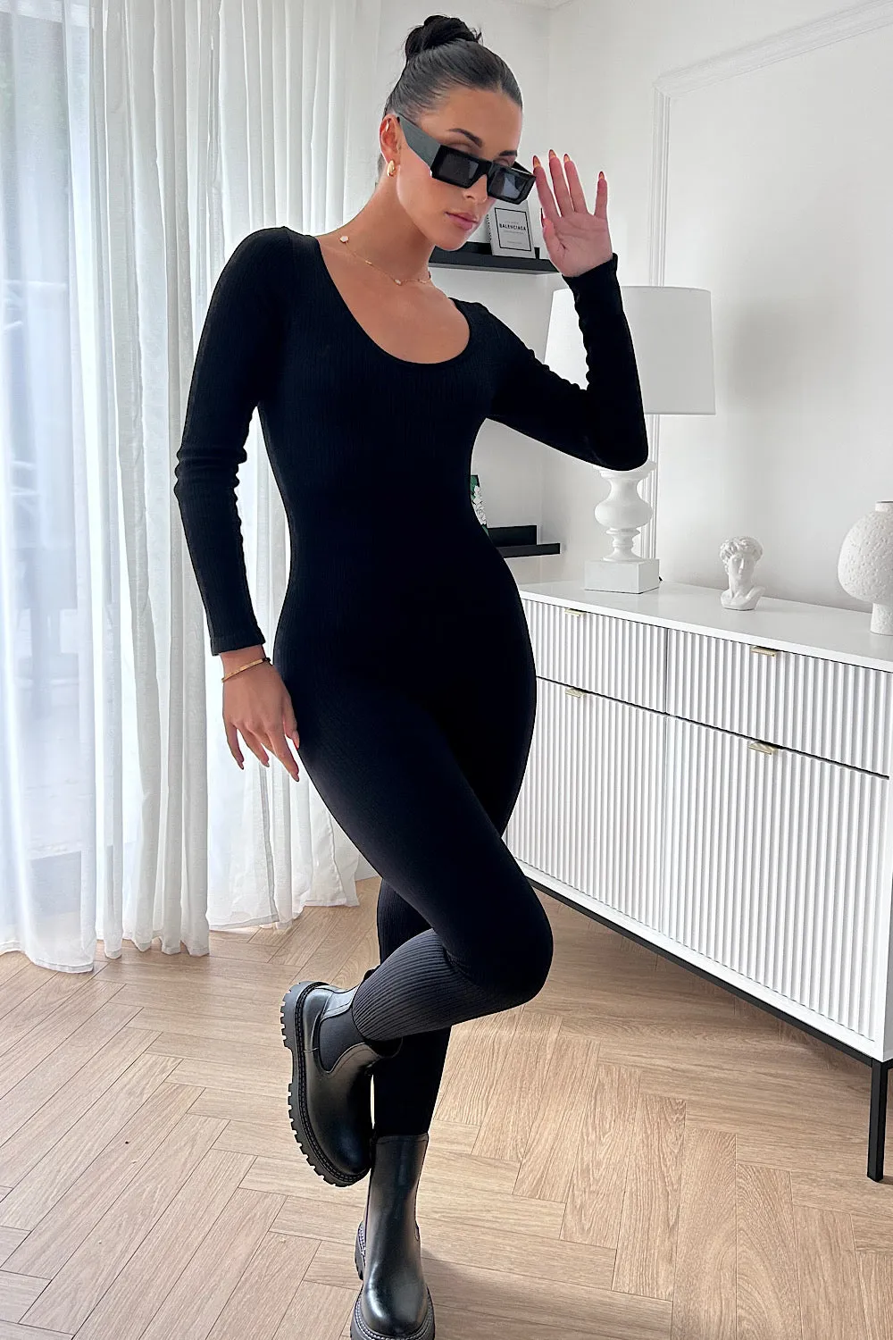 Capri Black Ribbed Long Sleeve Contoured Jumpsuit