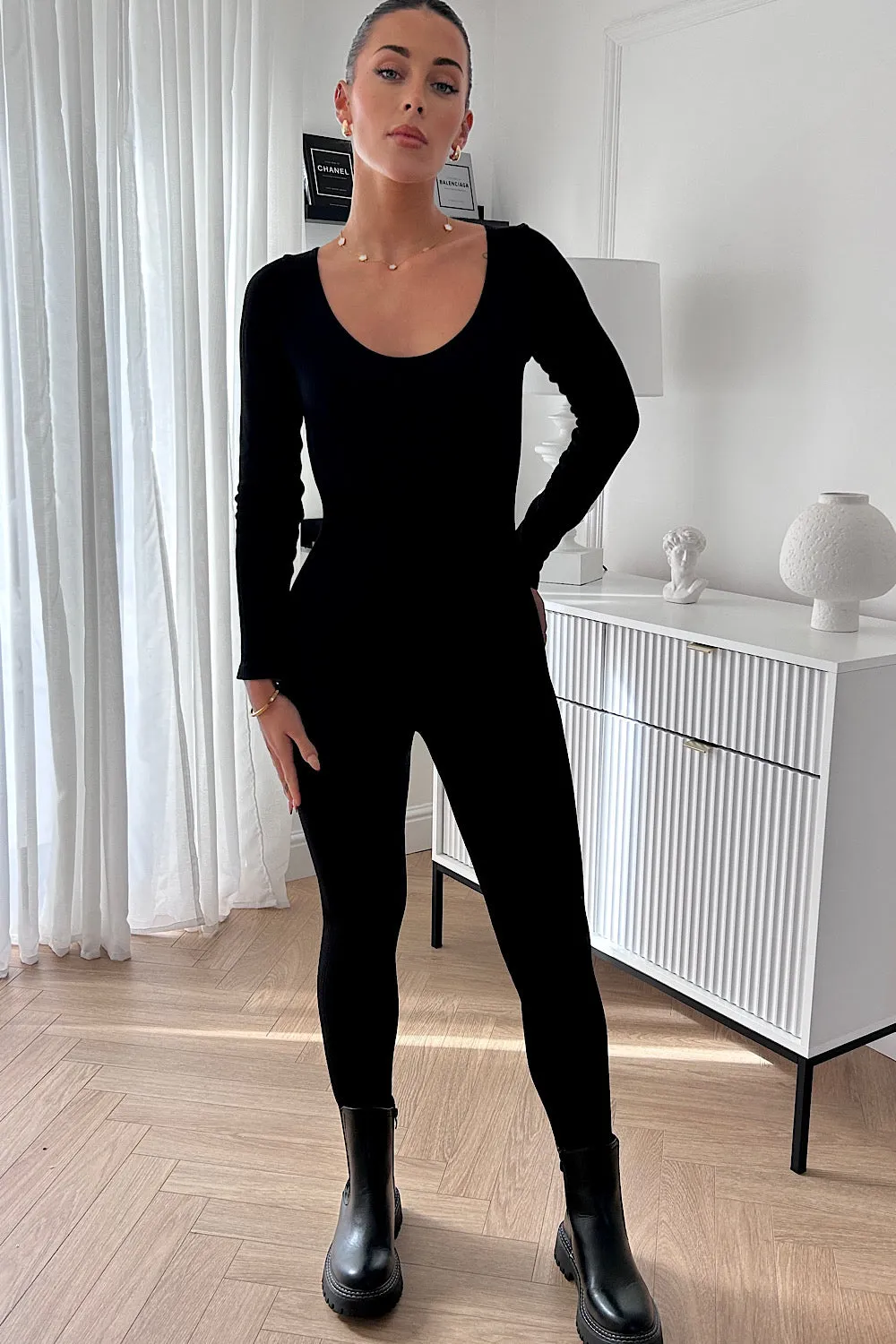 Capri Black Ribbed Long Sleeve Contoured Jumpsuit