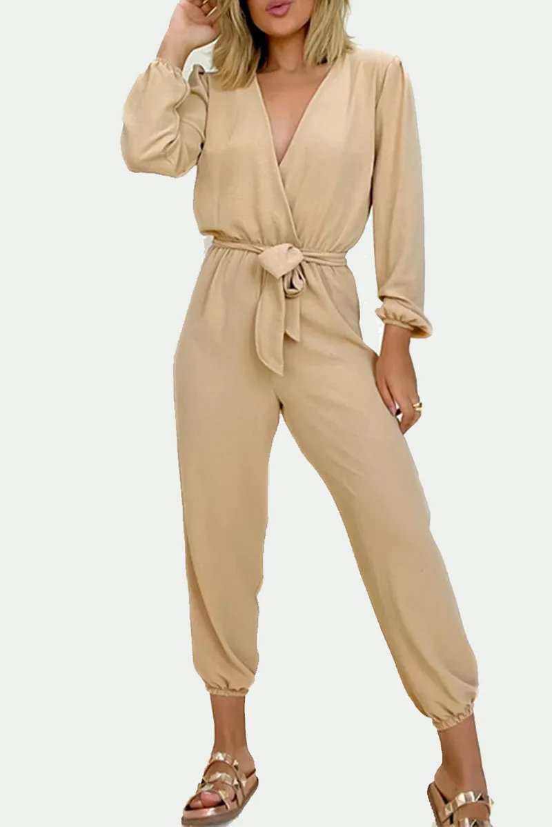 Casual Simplicity Solid Frenulum V Neck Regular Jumpsuits