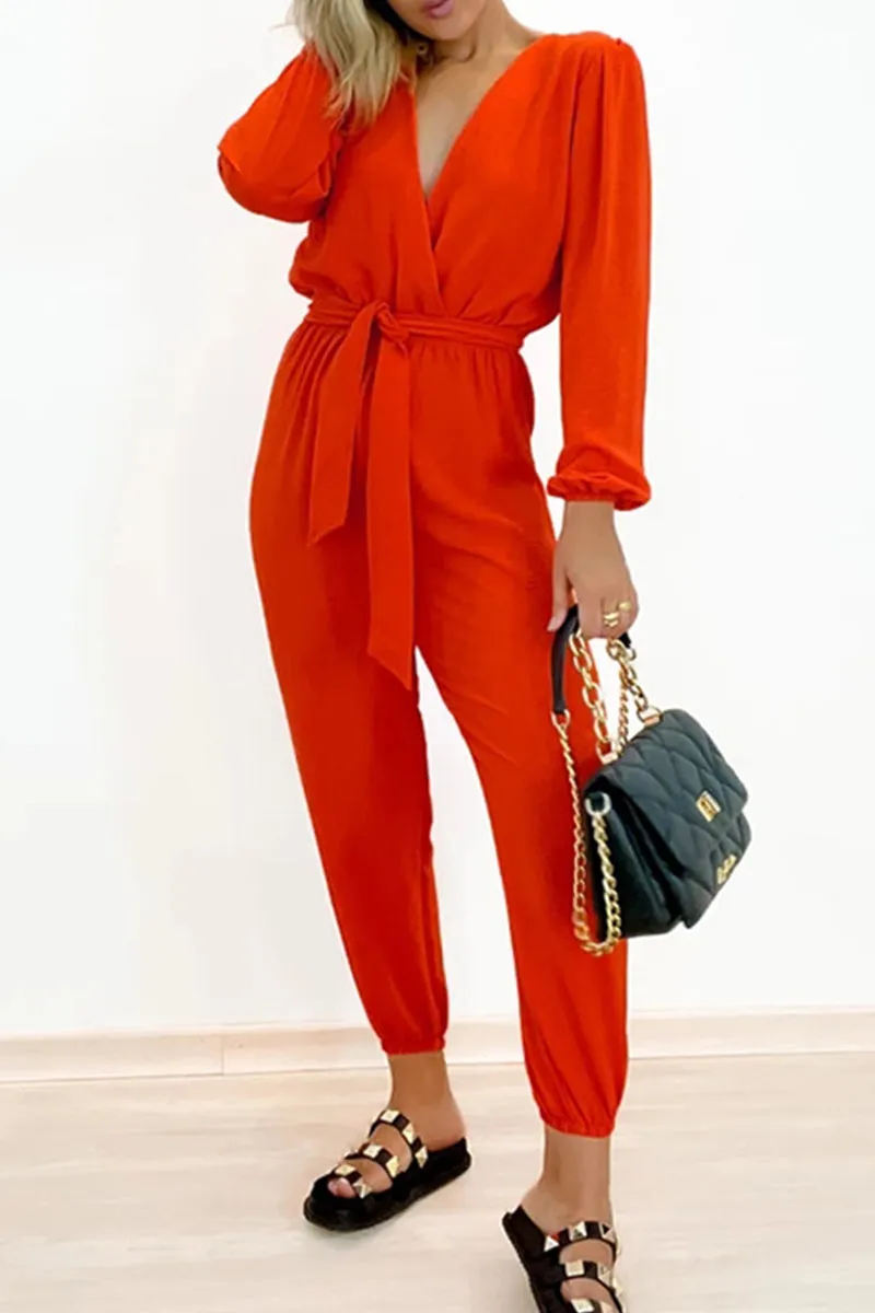 Casual Simplicity Solid Frenulum V Neck Regular Jumpsuits