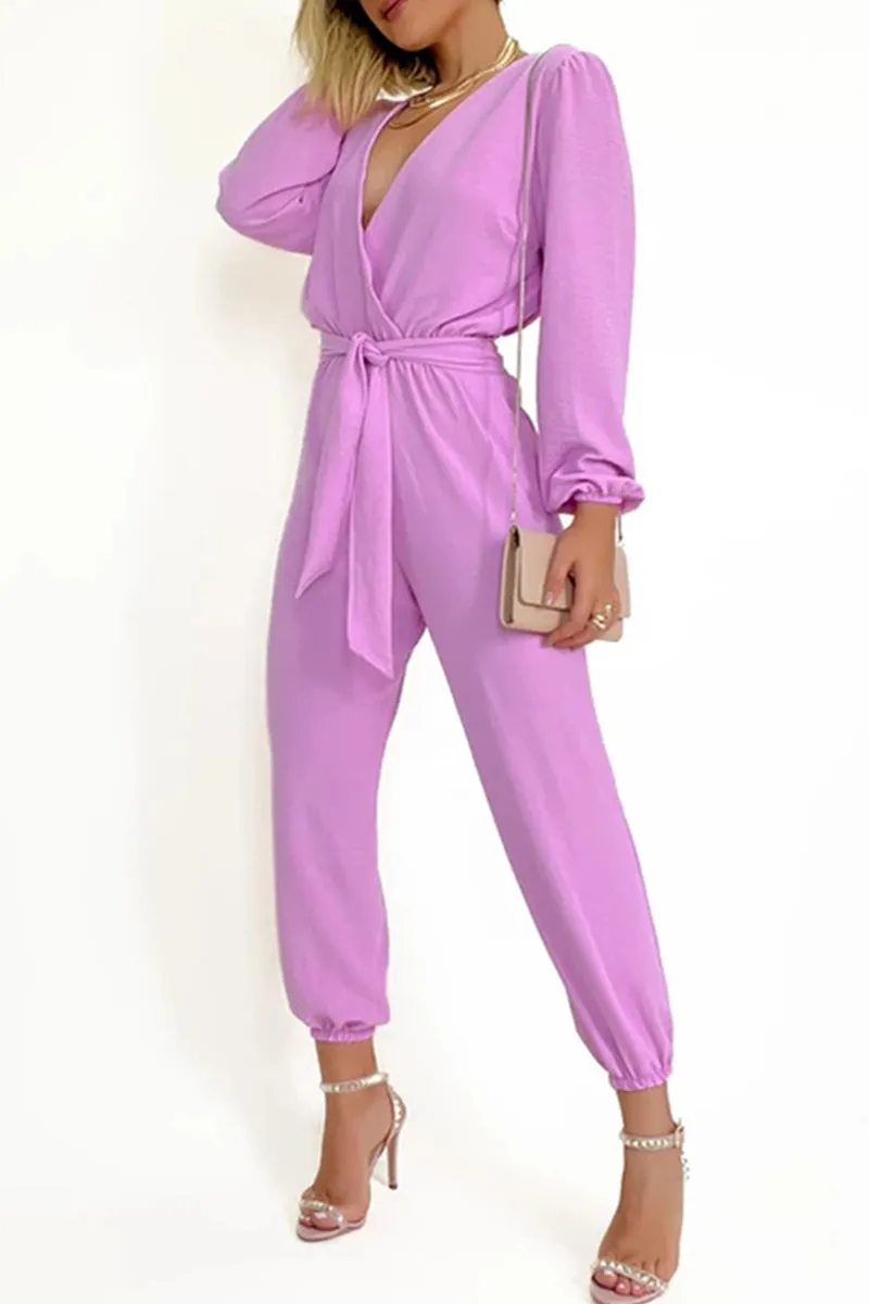 Casual Simplicity Solid Frenulum V Neck Regular Jumpsuits