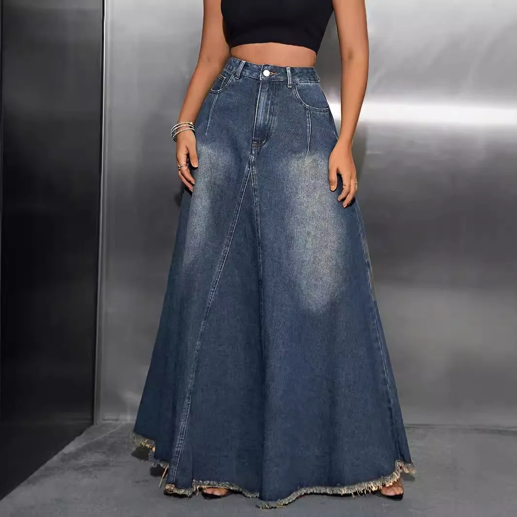 Dark Blue Retro Washed Raw Hem A-line Denim Maxi Skirt