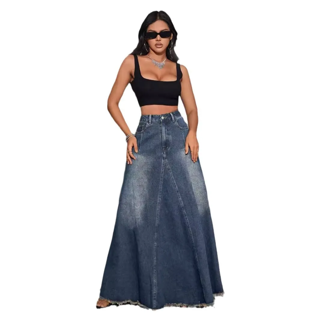 Dark Blue Retro Washed Raw Hem A-line Denim Maxi Skirt