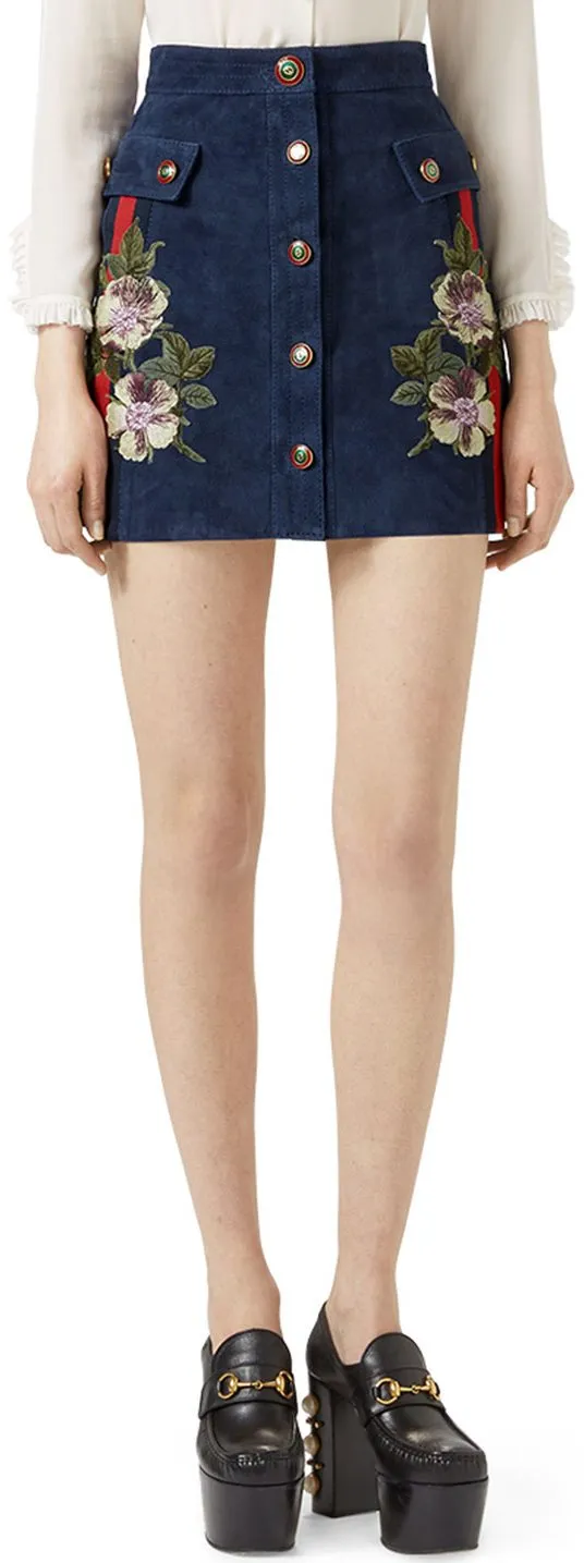 Embroidered Faux-Suede Mini Skirt