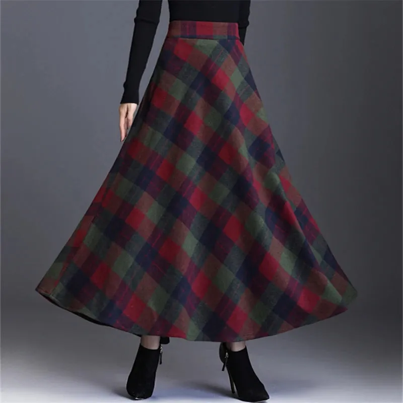 England Style Wool Tartan Skirt with Pockets and Loose Fit