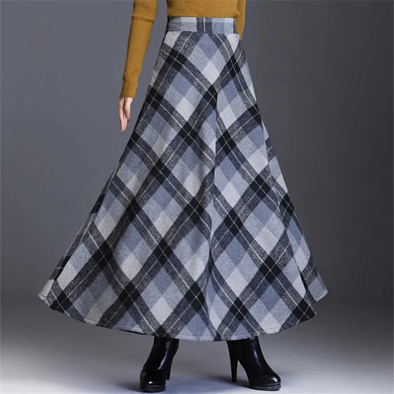 England Style Wool Tartan Skirt with Pockets and Loose Fit