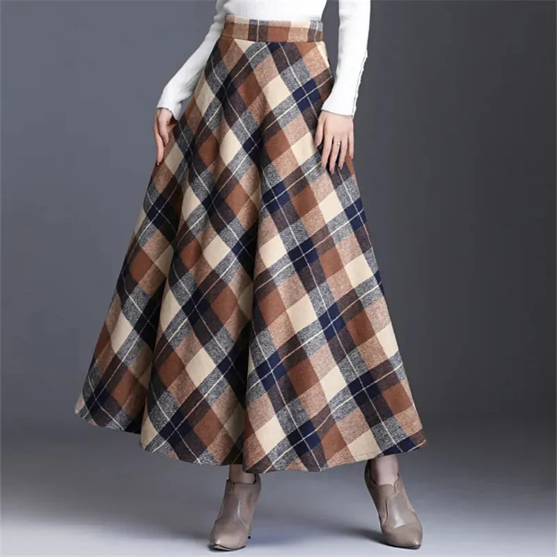 England Style Wool Tartan Skirt with Pockets and Loose Fit