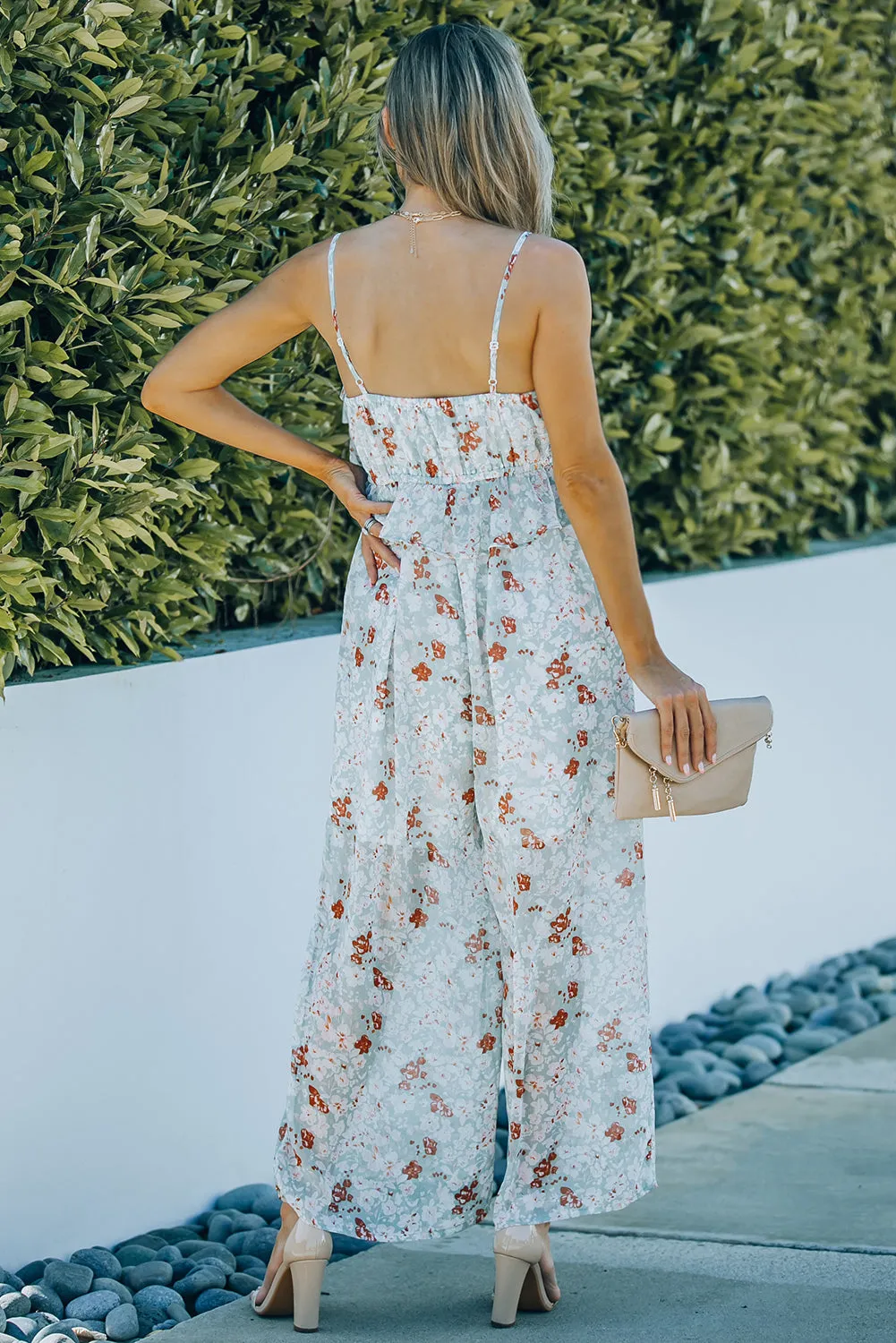 Floral Spaghetti Strap Ruffled Wide Leg Jumpsuit