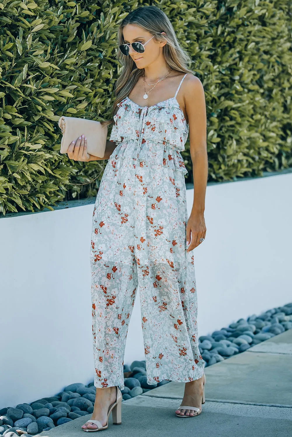 Floral Spaghetti Strap Ruffled Wide Leg Jumpsuit