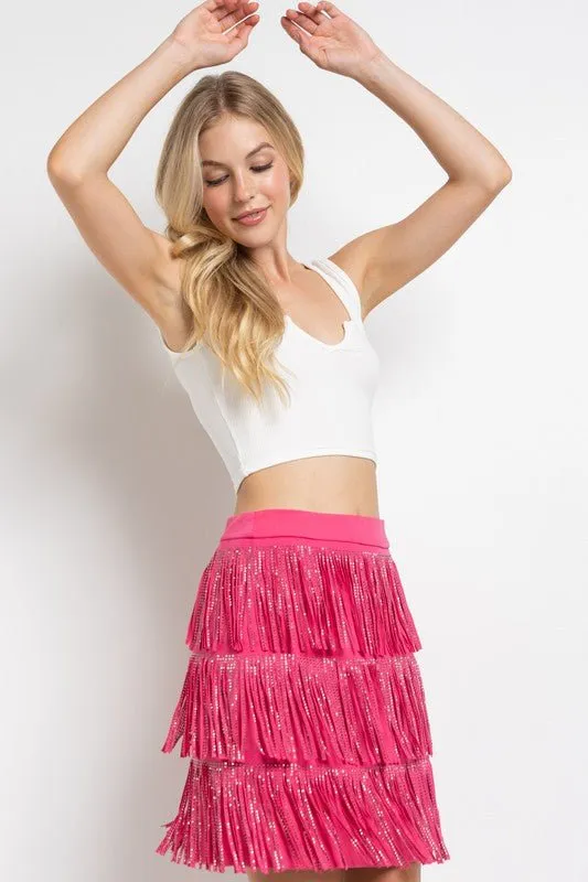 FRINGY RHINESTONE SUEDE SKIRT