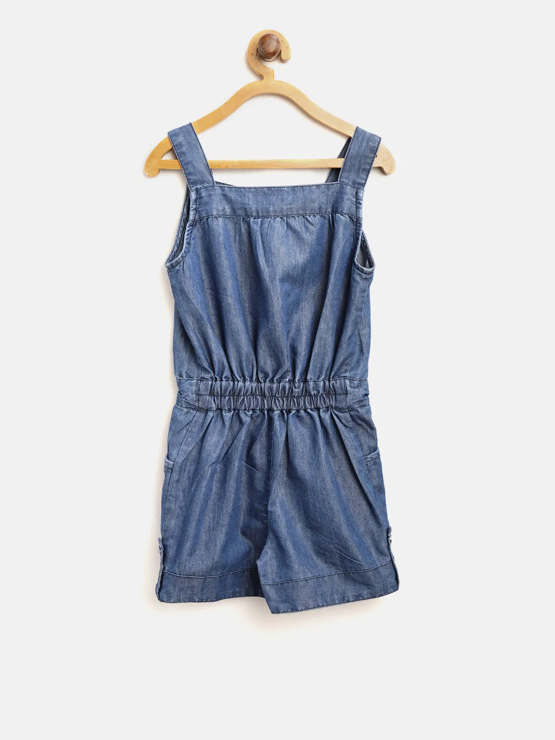 Gilr's Denim Strap Playsuit With Waist Drawstring - StyleStone Kid