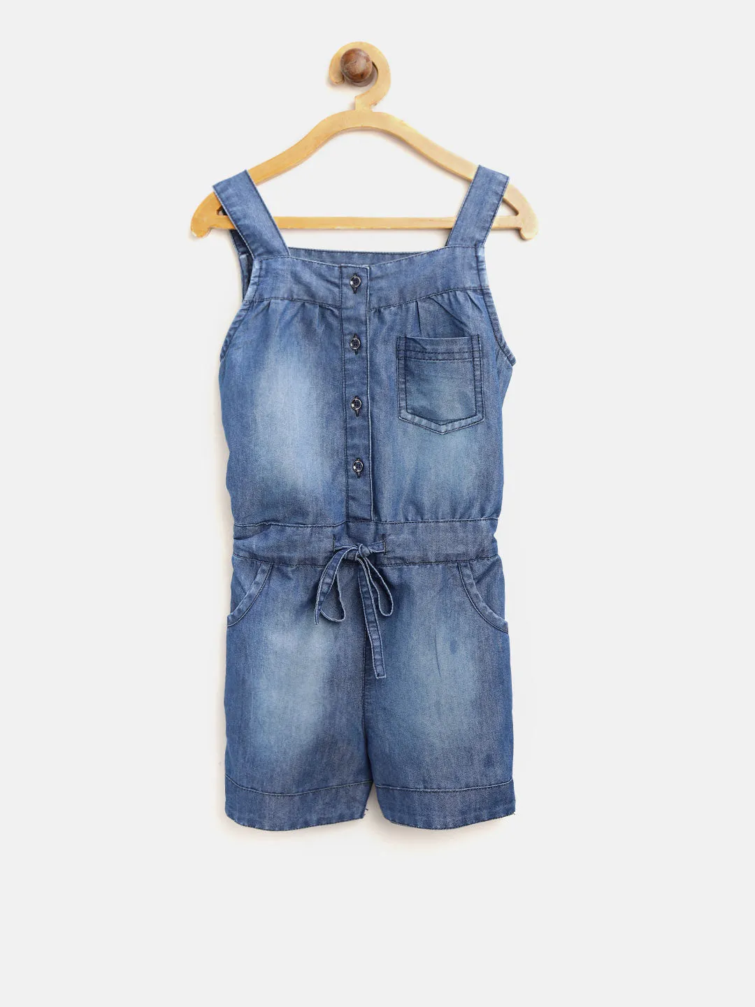 Gilr's Denim Strap Playsuit With Waist Drawstring - StyleStone Kid